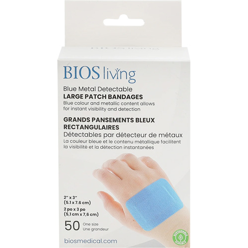 Blue Large Patch Bandages, Rectangular/Square, 3", Fabric Metal Detectable, Sterile Ontario Packaging