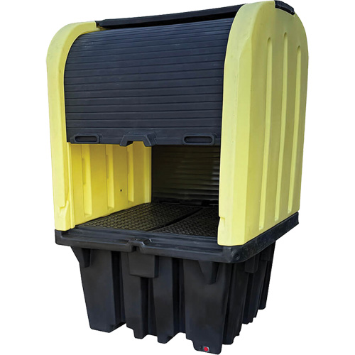 Yellow Roll Top Hardcover Spill Pallet with Drain, 65" L x 65" W x 101" H, 5000 lbs. Load Capacity Ontario Packaging