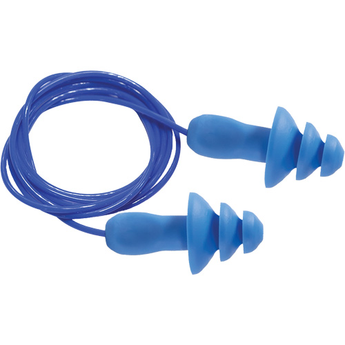 Bouchons d'oreilles r&eacute;utilisables bleus 100 % d&eacute;tectables par m&eacute;tal SEALTEC TipGrip, Avec cordon, Taille unique, Vrac - Boîte, NRR dB 26 dB Ontario Packaging