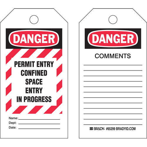 "Confined Space" Tags, Polyester, 3" W x 5-3/4" H, English Ontario Packaging
