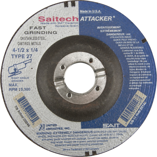 Meule rapide Saitech Attacker, 4-1/2" x 1/4", Arbre 7/8", Oxyde d'aluminium/C&eacute;ramique, Type 27 Ontario Packaging