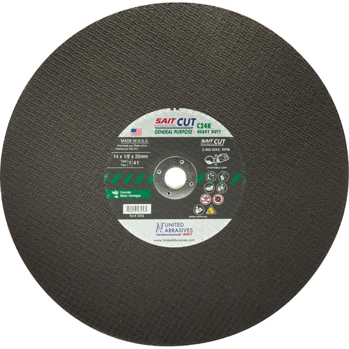 Meule &agrave; tronçonner haute vitesse pour le b&eacute;ton C24R, 12" x 1/8", Arbre de 25/32", Type 1, Carbure de silicium, 6300 Tr/min Ontario Packaging