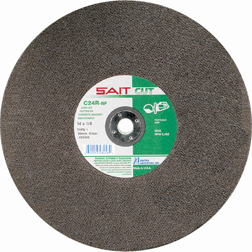 Meule &agrave; tronçonner haute vitesse pour le b&eacute;ton C24R, 14" x 1/8", Arbre de 1", Type 1, Carbure de silicium, 5400 Tr/min Ontario Packaging