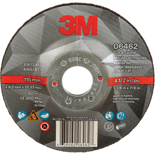 Cut & Grind Wheel, 4-1/2" x 1/8", 7/8" Arbor, Type 27, Ceramic Ontario Packaging
