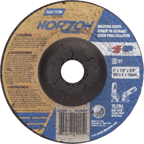 NorZon Plus SGZ Grinding Wheel, 4" x 1/8", 5/8" Arbor, Ceramic Alumina, Type 27 Ontario Packaging