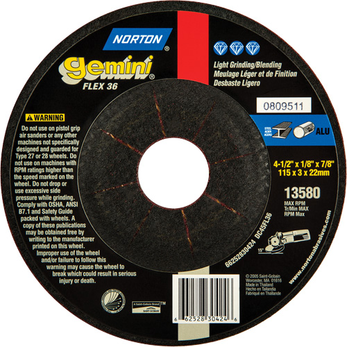 Gemini&reg; Flexible Mini Disc Depressed Centre Wheel, 4-1/2" x 1/8", 7/8" Arbor, Aluminum Oxide, Type 27 Ontario Packaging