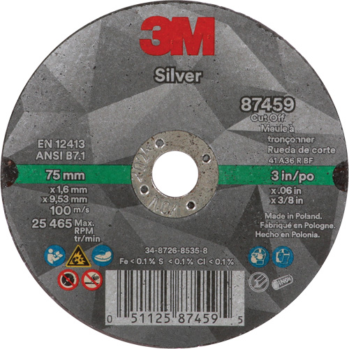 Silver Cut-Off Wheel, 3" x 0.06", 3/8"-24 Arbor, Type 1, Ceramic, 25645 RPM Ontario Packaging