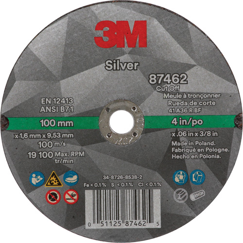 Silver Cut-Off Wheel, 4" x 0.06", 3/8"-24 Arbor, Type 1, Ceramic, 19100 RPM Ontario Packaging