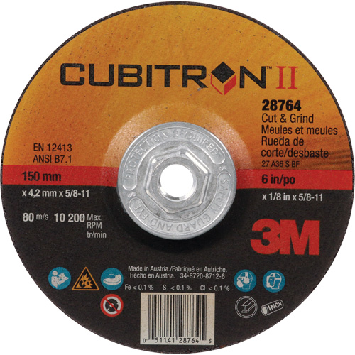 Cubitron II Quick Change Cut & Grind Wheel, 6" x 1/8", 5/8"-11 Arbor, Type 27, Ceramic Ontario Packaging
