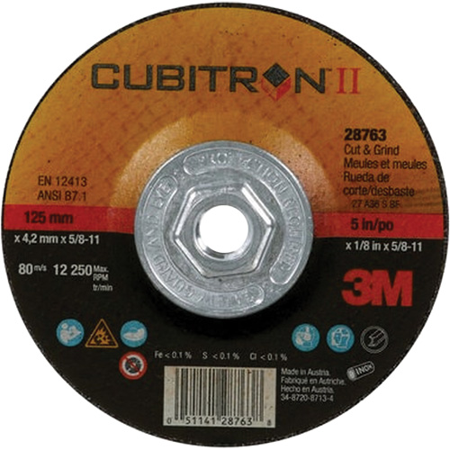 Disque de coupe et de meulage &agrave; changement rapide Cubitron II, 5" x 1/8", Arbre de 5/8"-11, Type 27, C&eacute;ramique Ontario Packaging