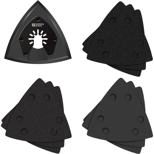 Patin de ponçage triangulaire pour outil oscillant et assortiment de papiers abrasifs One Fit Ontario Packaging
