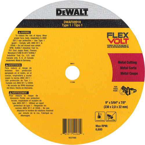Meule de tronçonnage des m&eacute;taux FlexVolt, 9-1/16" x 0,078", Arbre 22,23 mm, C&eacute;ramique, Type 1 Ontario Packaging