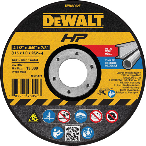 Meule de tronçonnage des m&eacute;taux HP, 4-1/2" x 0,04", Arbre de 7/8", Type 1, Oxyde d'aluminium, 13 300 Tr/min Ontario Packaging