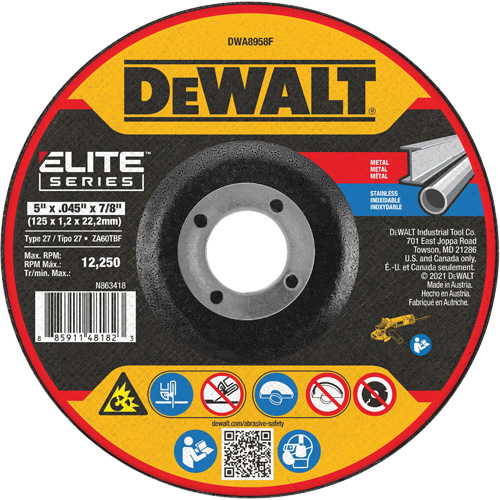 Meule de tronçonnage des m&eacute;taux s&eacute;rie Elite, 5" x 0,045", Arbre 7/8", Alumine de zirconium, Type 27 Ontario Packaging