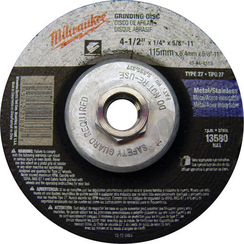 Grinding Wheel, 4-1/2" x 1/4", 5/8"-11 Arbor, Aluminum Oxide, Type 27 Ontario Packaging