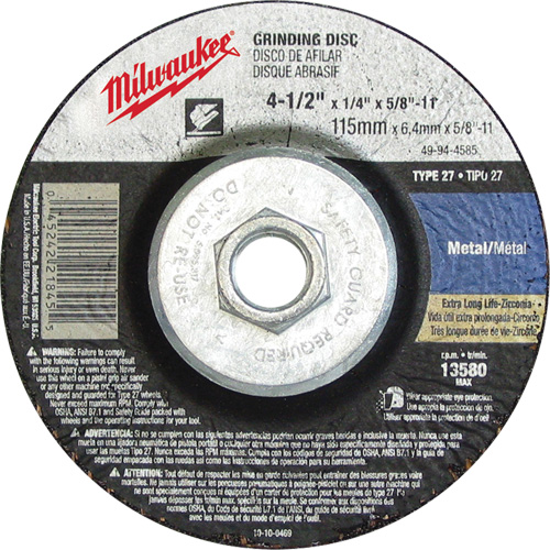 Meule, 4-1/2" x 1/8", Arbre 5/8"-11, Oxyde d'aluminium, Type 27 Ontario Packaging