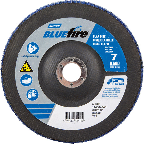 BlueFire R884P Coarse Grit Flap Disc, 7" x 7/8", Type 27, 80 Grit, Zirconia Alumina Ontario Packaging