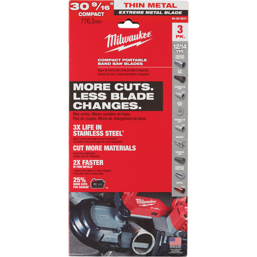 Extreme Metal Band Saw Blades, High Speed Steel, 30-9/16" L x 1/2" W x 0.02" Thick, 12/14 TPI Ontario Packaging