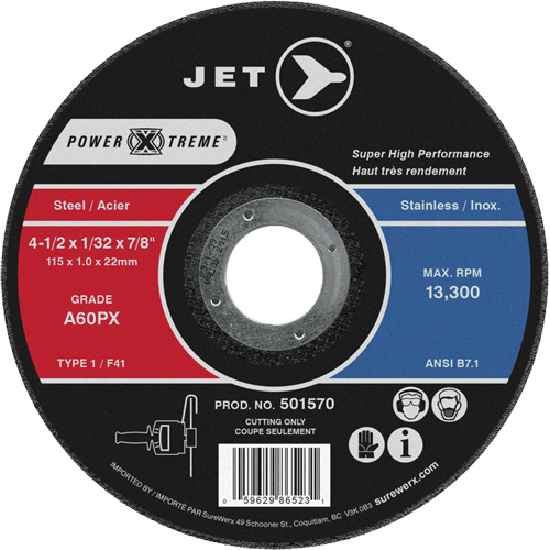 A46PX Power-Xtreme Cut-Off Wheel, 4-1/2" x 1/16", 7/8" Arbor, Type 1, 13300 RPM Ontario Packaging