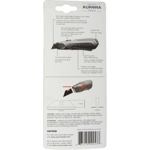 Retractable Safety Knife , Stainless Steel, Heavy-Duty, Plastic/Aluminum Handle Ontario Packaging