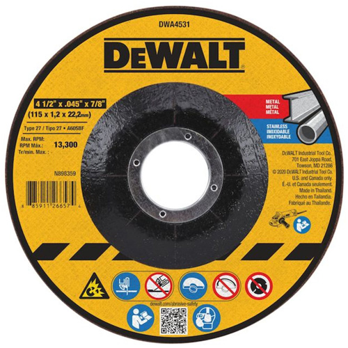 Meule &agrave; tronçonner pour m&eacute;tal, 4-1/2" x 0,045", Arbre de 7/8", Type 27, Oxyde d'aluminium Ontario Packaging