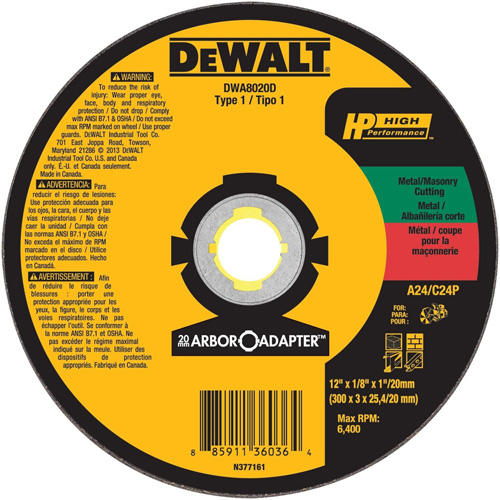 Meule &agrave; tronçonner haute performance pour scies circulaires, 12" x Arbre de 1/8", Oxyde d'aluminium Ontario Packaging
