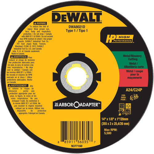 Meule &agrave; tronçonner haute performance pour scies circulaires, 14" x Arbre de 1/8", Oxyde d'aluminium Ontario Packaging