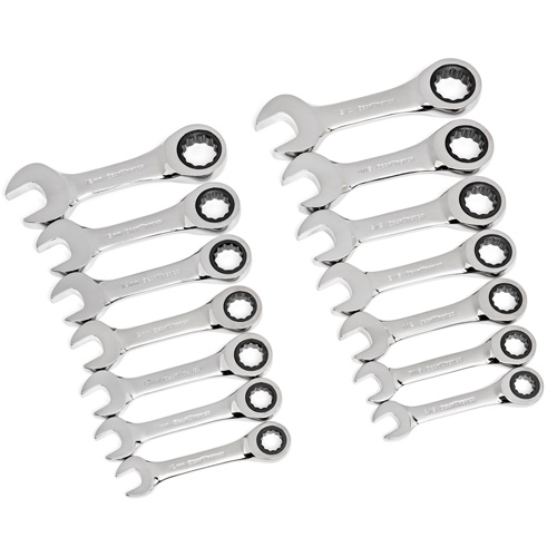 72-Tooth 12 Point Stubby Wrench Set, Ratcheting Combination, 14 Pieces, Imperial and Metric Ontario Packaging