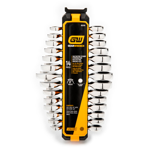 72-Tooth 12 Point Stubby Wrench Set, Ratcheting Combination, 14 Pieces, Imperial and Metric Ontario Packaging