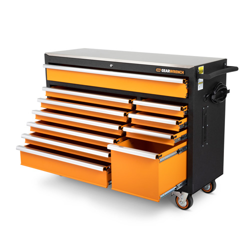 Armoire &agrave; outils roulante avec dessus de travail en acier inoxydable, 11 tiroirs, 52" la x 18" p x 36" h, Noir/Orange Ontario Packaging