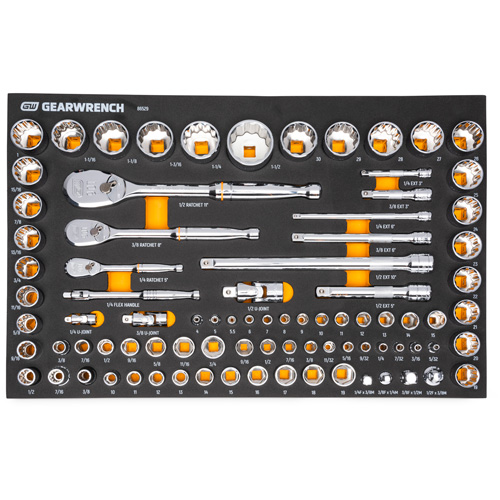 Jeu d'outils SAE/m&eacute;triques pour m&eacute;canicien &agrave; 90 dents 1/4", 3/8" & 1/2" avec plateau de rangement en mousse Ontario Packaging
