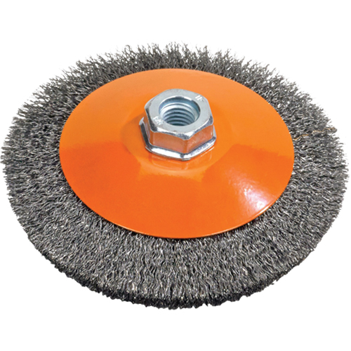 Brosse soucoupe &agrave; fils nou&eacute;s torsad&eacute;s, Dia. 5", Fils 0,02", Arbre 5/8"-11, Acier Ontario Packaging