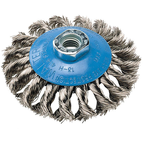 Knot-Twisted Saucer Cup Wire Wheel, 5" Dia., 0.02" Fill, 5/8"-11 Arbor, Aluminum/Stainless Steel Ontario Packaging