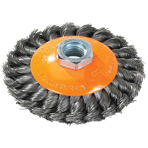 Knot-Twisted Saucer Cup Wire Wheel, 7" Dia., 0.02" Fill, 5/8"-11 Arbor, Steel Ontario Packaging