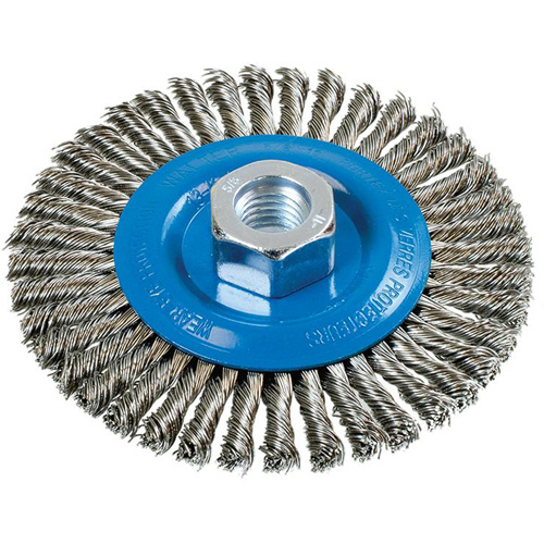 Brosse &agrave; fils nou&eacute;s pour cordons de soudure, Dia. 4-1/2", Fils 0,02", Arbre 5/8"-11, Aluminium/Acier inoxydable Ontario Packaging