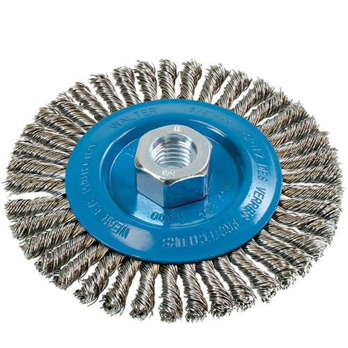 Knot-Twisted Stringer Bead Wire Wheel, 5" Dia., 0.02" Fill, 5/8"-11 Arbor, Aluminum/Stainless Steel Ontario Packaging