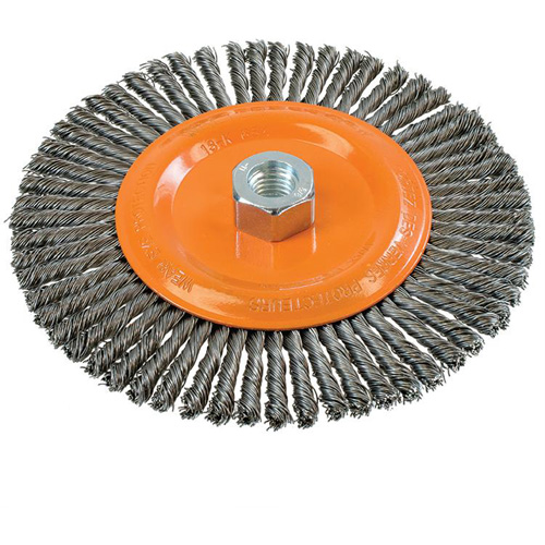 Stringer Bead Knotted Wire Brush, 6-7/8" Dia., 0.02" Fill, 5/8"-11 Arbor, Steel Ontario Packaging
