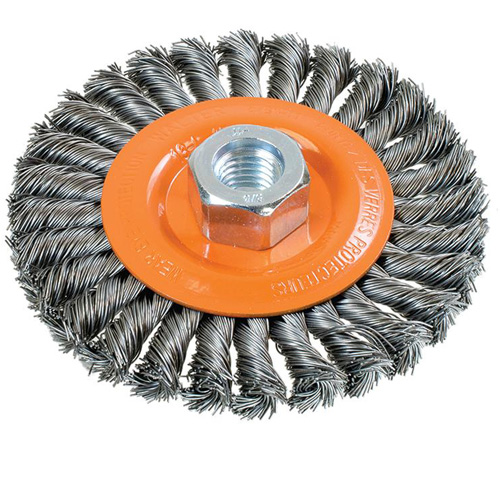 Wide Knotted Wire Wheel Brush, 4-1/2" Dia., 0.02" Fill, 5/8"-11 Arbor, Steel Ontario Packaging