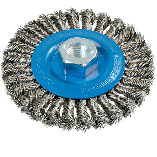 Wide Knotted Wire Wheel Brush, 4-1/2" Dia., 0.02" Fill, 5/8"-11 Arbor, Aluminum/Stainless Steel Ontario Packaging