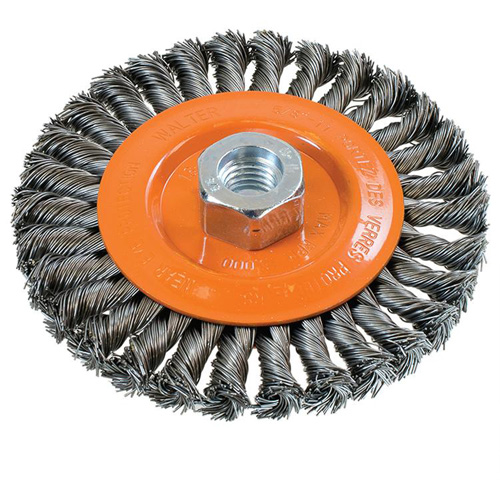 Wide Knotted Wire Wheel Brush, 5" Dia., 0.02" Fill, 5/8"-11 Arbor, Steel Ontario Packaging