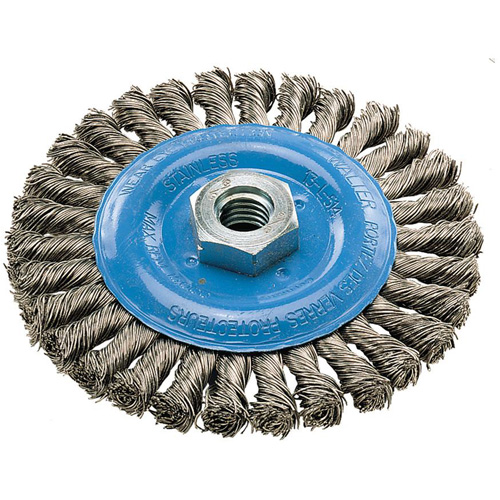 Wide Knotted Wire Wheel Brush, 5" Dia., 0.02" Fill, 5/8"-11 Arbor, Aluminum/Stainless Steel Ontario Packaging
