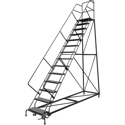 Safety Slope Rolling Ladder, 14 Steps, Perforated, 50° Incline, 140" High Ontario Packaging