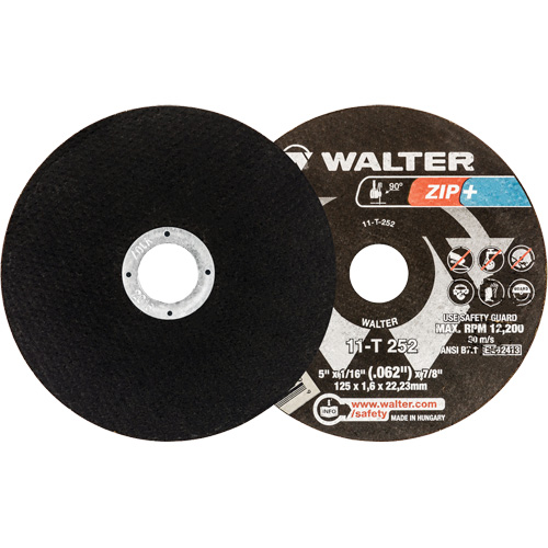 Zip+ Right Angle Grinder Reinforced Cut-Off Wheels, 5" x 1/16", 7/8" Arbor, Type 1, Zirconia Alumina, 12200 RPM Ontario Packaging