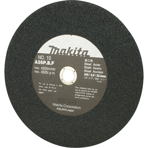 Meule abrasive pour scies &agrave; tronçonner et meuleuses dangle, 12" x 7/64", Arbre de 1", 4500 Tr/min Ontario Packaging