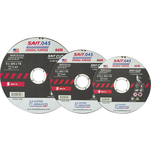 High Speed Cut-Off Wheel, 14" x 0.045", 1/4" Arbor, Type 1, Aluminum Oxide, 19000 RPM Ontario Packaging