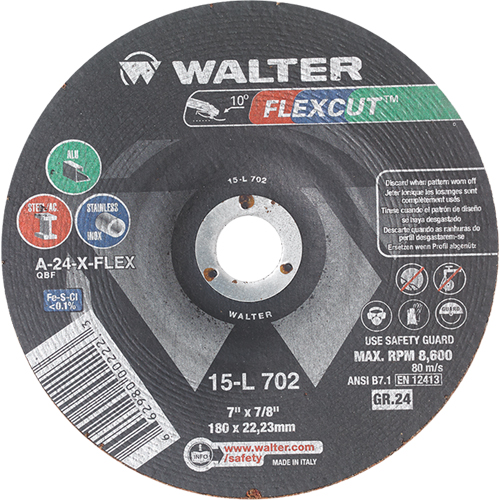 Flexcut Depressed Centre Grinding Wheels, 7", 24 Grit, Aluminum Oxide, 7/8", 8600 RPM, Type 29 Ontario Packaging