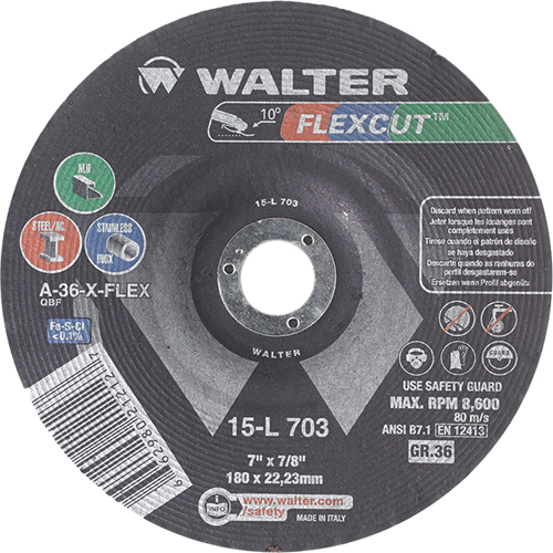 Meules &agrave; moyeu d&eacute;port&eacute; Flexcut, 7", 36 Grain, Oxyde d'aluminium, 7/8", 8600 Tr/min, Type 29 Ontario Packaging