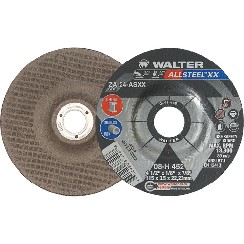 Depressed Centre Grinding Wheels - Allsteel XX, 4-1/2" x 1/8", 7/8" Arbor, Type 27, Zirconia Alumina, 13300 RPM Ontario Packaging