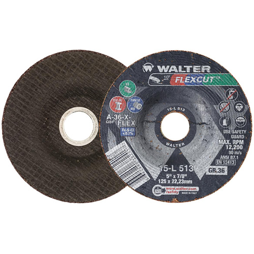 FLEXCUT Grinding Wheel, 5", 36 Grit, Aluminum Oxide, 7/8", 12200 RPM, Type 29 Ontario Packaging