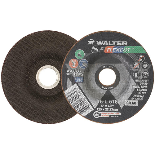 FLEXCUT Grinding Wheel, 5", 60 Grit, Aluminum Oxide, 7/8", 12200 RPM, Type 29 Ontario Packaging